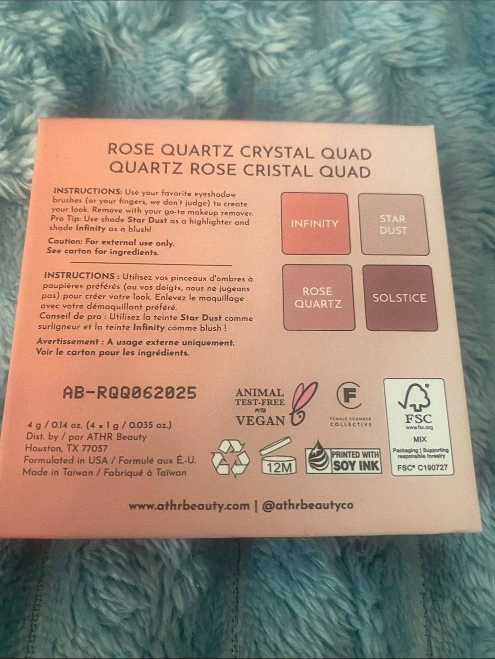 NIB ATHR Beauty Rose Quartz Crystal Eyeshadow Quad Palette Clean Vegan